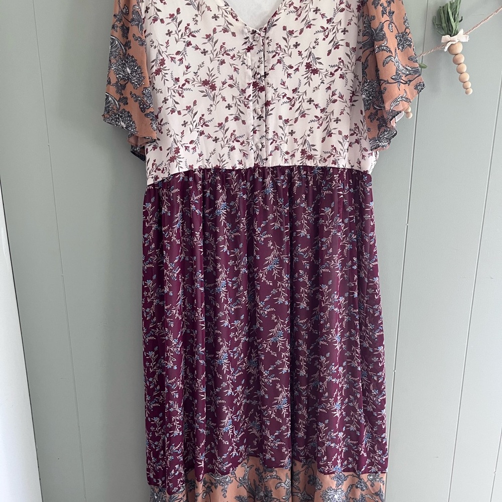 Floral Midi Dress in Burgundy and Cream